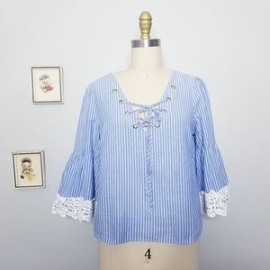 Zara striped bell sleeve lace up blouse small